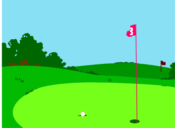 The image shows a cartoon golf course with two flags on poles at either end of the fairway; there is no visible text in this clip-art representation.