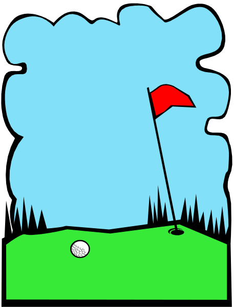 The illustration shows a cartoon golf course with green grass on top of hills under an overcast sky filled with clouds; there is one red flag in front of two white flags marking holes 10, and below them lies a small hill where a single tree stands next to the hole's edge. A lone golfer wearing blue pants holds his club behind him as he prepares for an imaginary shot at this green course with trees on either side; there is no visible golf ball or other players in sight.