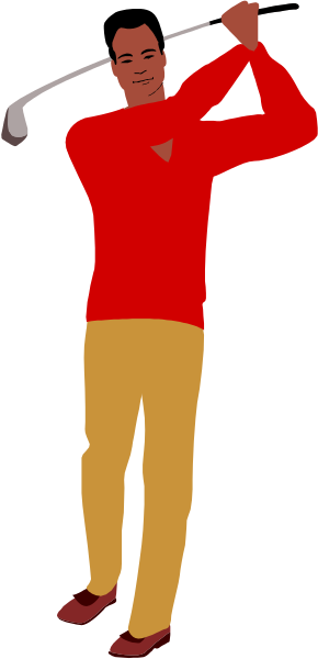 The image shows a cartoon of an animated man holding golf clubs on what appears to be a black background with white lines indicating perspective depth.
