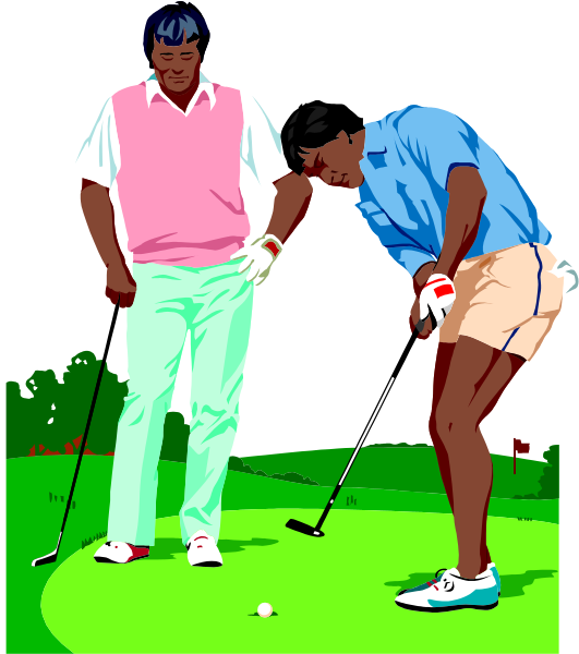 The image shows two animated male golfers on a green course with white flags marking holes; both characters wear polo shirts and pants in pastel hues of blue, pink, yellow, and red, standing near each other at tee boxes under an overcast sky.