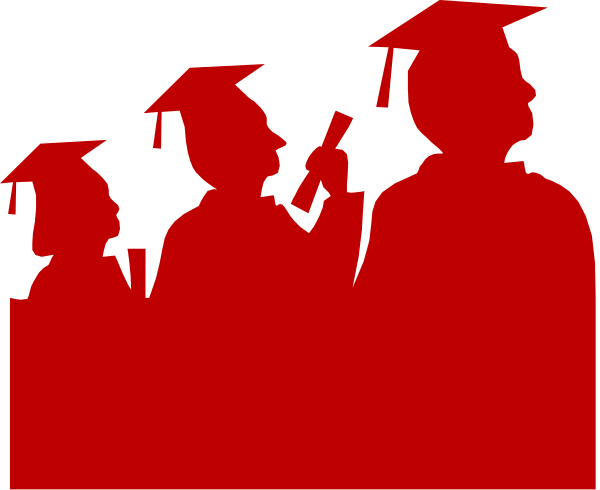 The image shows a red silhouette of three graduates with caps on their heads standing next to each other against a black background; there is no text present in this clip-art illustration.
