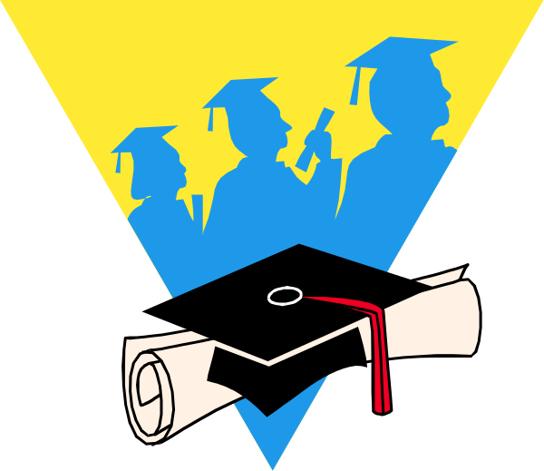 The image shows a stylized graphic with silhouettes of graduates holding diplomas on either side; there is an open book in front symbolizing education, and above it, three figures appear to be celebrating their achievement by throwing confetti-like shapes that resemble caps or mortarboards.
