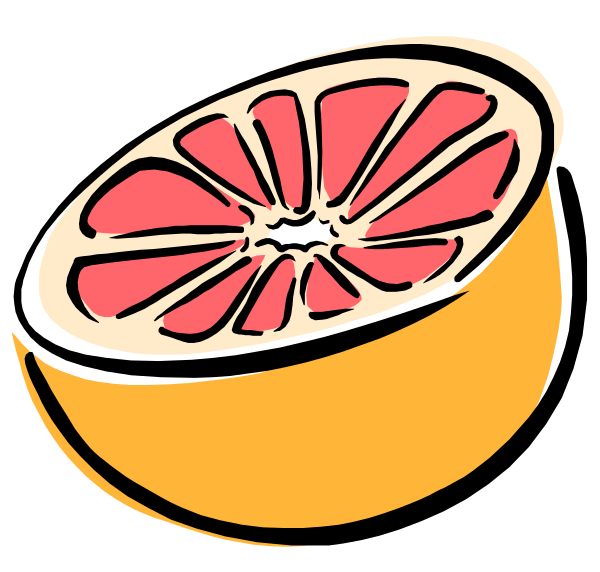 The illustration shows a slice of grapefruit with its juicy pink interior visible on top half against white background; bottom right corner has another whole fruit in yellow coloring next to it.