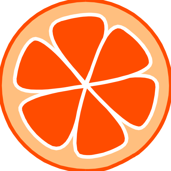 The image shows two slices of an orange with a red background featuring white lines that resemble stylized citrus segments on either side.