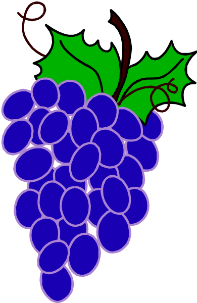 The image shows a bunch of purple grapes with green stems on top against a gray background; there is also an orange letter 'c' in the upper left corner.