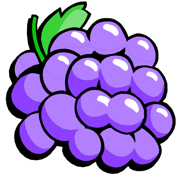 The image shows a purple grape with green leaves attached to it against a black background on the left side of an illustration.