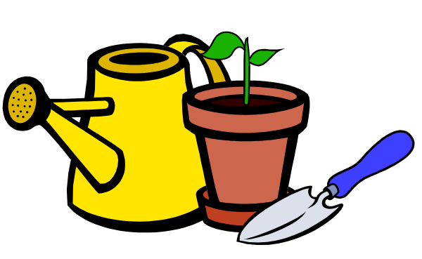 The image shows a cartoon depiction of gardening tools: watering can with spout open; yellow flower pot on left side filled with soil; green plant sprouting from it in center-right area, and blue trowel to right bottom corner.