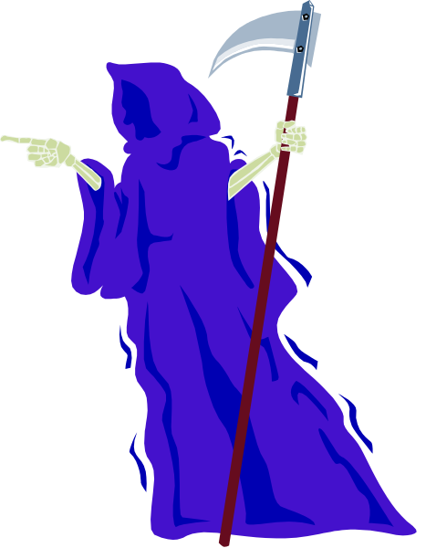 The image shows a cartoon of an animated skeleton holding a staff with a skull on top while pointing to something off-screen.