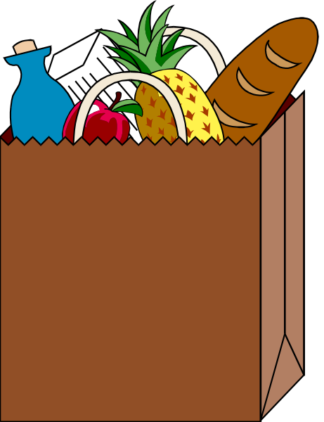 The illustration shows a brown paper bag filled with various food items such as bread loaves, pineapple chunks, strawberries, bananas, an orange juice carton, bottles of water, and other miscellaneous groceries like chips on top; it is placed against a plain background without any additional context or setting.
