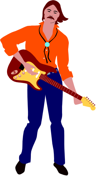 The image shows a stylized illustration of an individual playing guitar with long hair wearing blue jeans and holding a red electric guitar in their hands while standing against a black background.