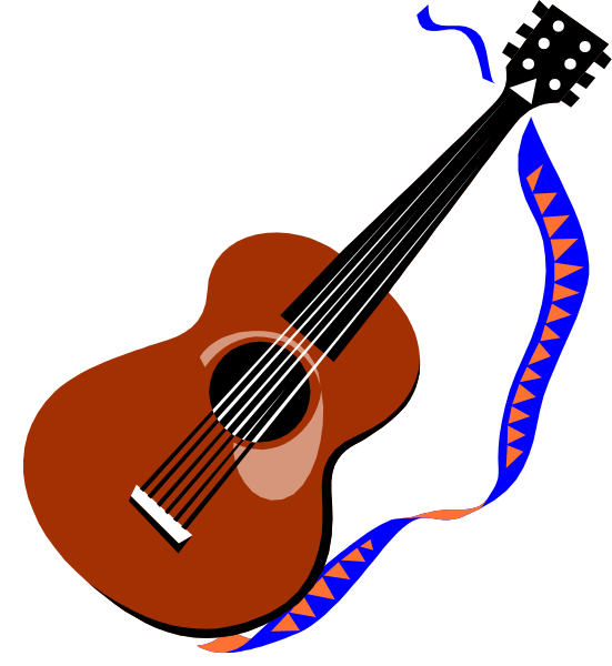 The image shows a brown acoustic guitar with blue trim around its neck and body, featuring six strings on top of it.