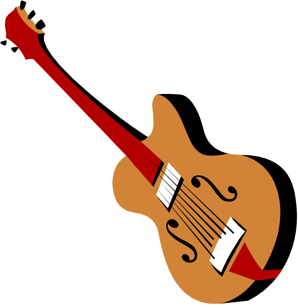The image shows a stylized illustration of an acoustic guitar with red strings against a black background on top left corner; there is no text present in this clip-art graphic.