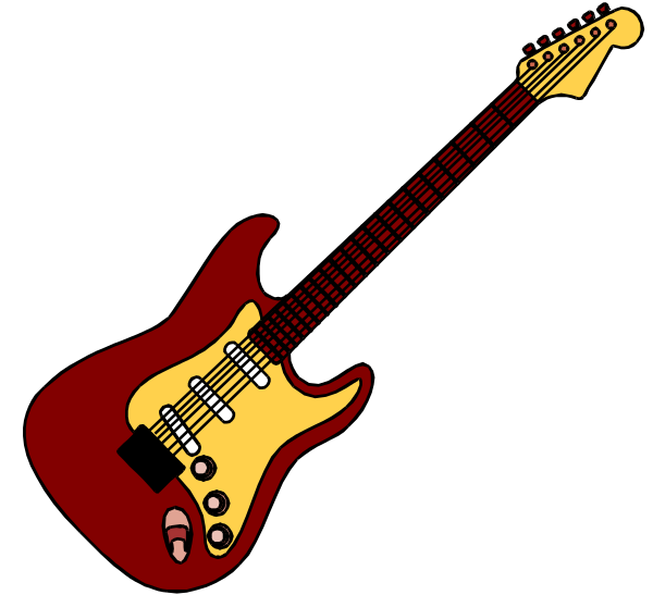 The image shows a red electric guitar with white pickups on top of it against a black background.