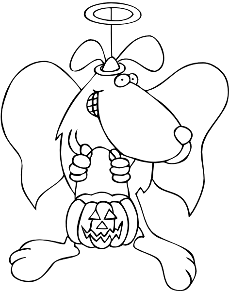 The black and white cartoon features a dog dressed as an angel with wings holding up its body while sitting on top of what appears to be a Halloween-themed pumpkin costume.