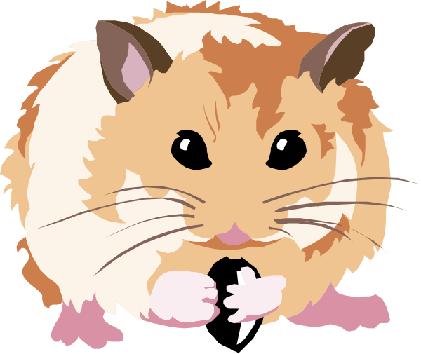 The image shows a cartoon hamster with large eyes sitting on its hind legs next to some food items that it appears to be eating from one of them.