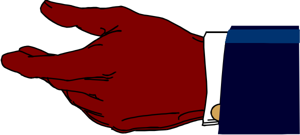The image shows a red hand with an open palm holding a blue pen over what appears to be a gray surface.