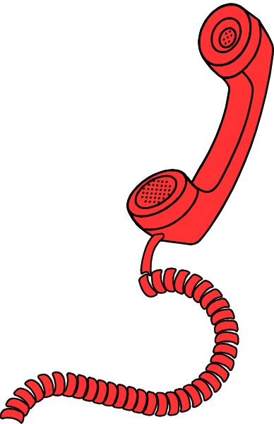 The image shows a red telephone with its cord coiled up next to it on what appears to be an old-fashioned rotary dial phone base.