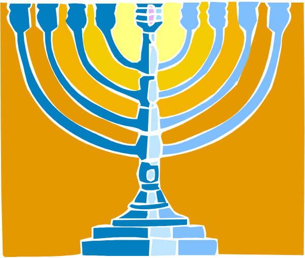 The image shows a colorful illustration of two Hanukkah menoras with seven branches each on either side against an orange background; in front is a large golden Menorah that stands out prominently, and there's one lit candle atop it.