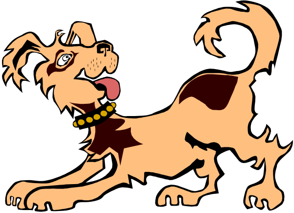 The image shows a cartoon dog with its tongue out against an orange background.