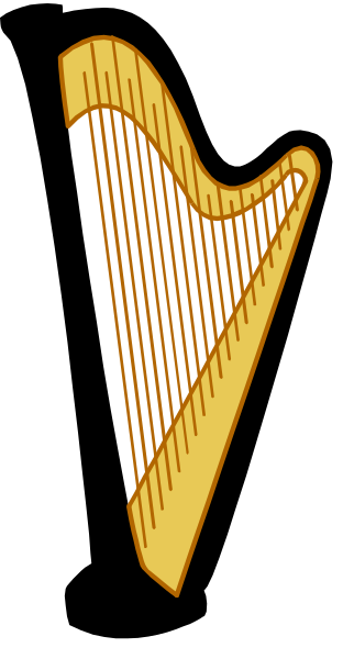 The image shows a harp with an orange outline against a black background.