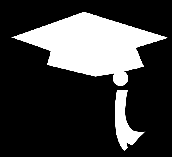 The black and white silhouette of a graduation cap with an open book on top next to it is shown.