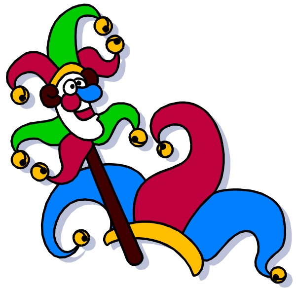 The image shows a cartoon clown character with exaggerated features such as large eyes, red nose, curly hair, holding balloons in one hand while standing on top of another colorful figure that appears to be dancing and has multiple arms ending in hands each grasping different objects like flowers or candy.