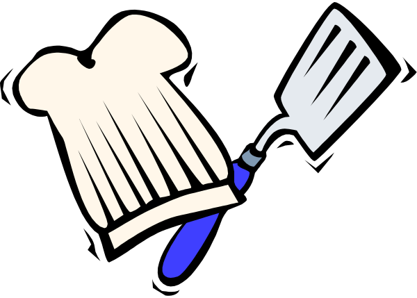 The black and white illustration shows a chef's hat with an oven mitt on top of it next to what appears to be a spatula in front of them both.