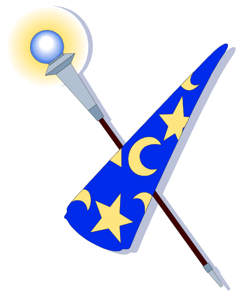 The black and white logo of a sword with an eye on it above two crossed swords against a dark background.