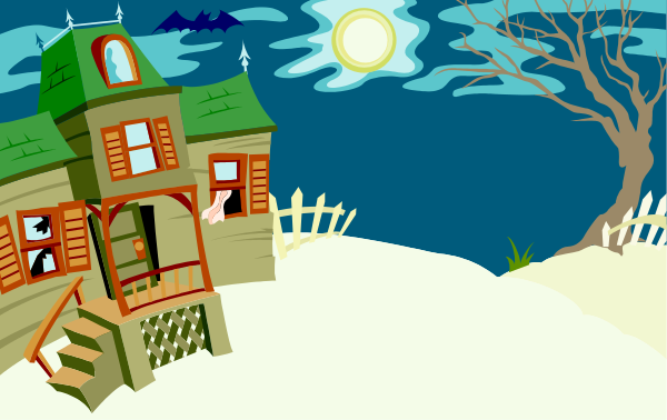 The image shows a cartoon depiction of two houses with red roofs on either side of an open door; there is no visible text in this small clip-art piece.