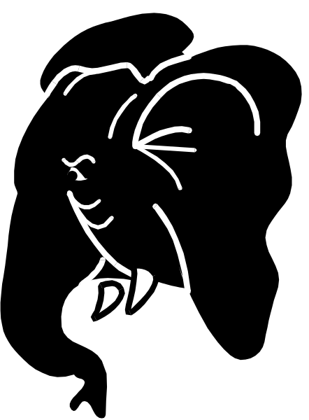 The black and white image shows a cartoon elephant with its trunk raised upwards towards an unseen object above it.