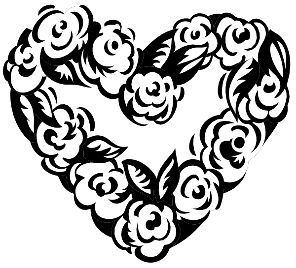 The black and white heart with a floral border around it on top of another patterned background.