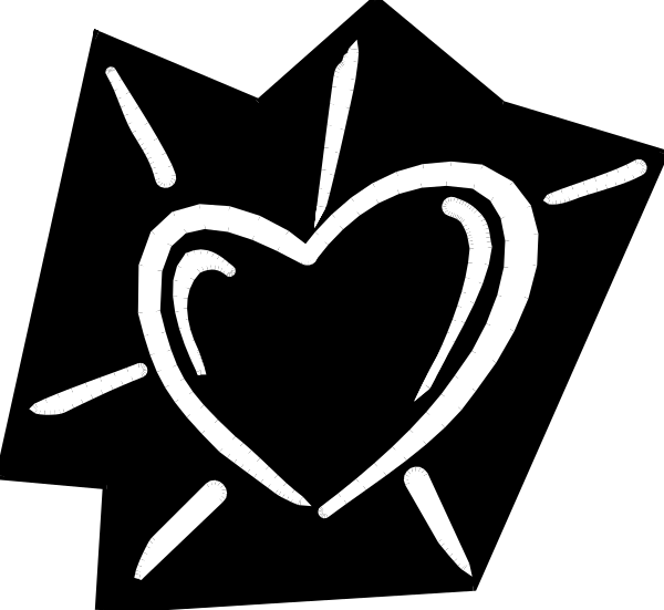 The black and white silhouette of a heart with rays emanating from it against an unseen background.