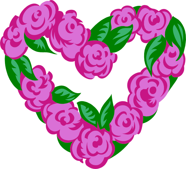 The image shows a heart made of pink flowers with green leaves on either side.
