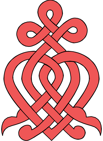The image shows a red emblem with an intricate design resembling intertwined stylized letters forming what appears to be a heart shape within two larger circles that could represent wings; it is set against a dark background and has no text present in this clip-art style representation of the logo.