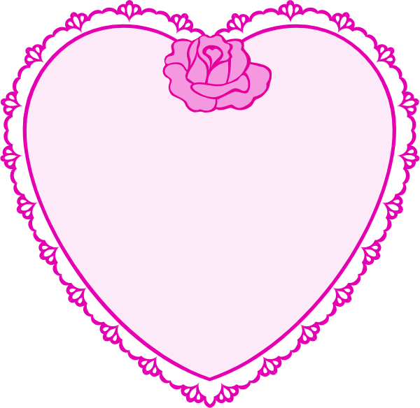 The image shows a pink heart with lace borders containing two smaller hearts on either side of it; each small heart has an embroidered rose at its center.