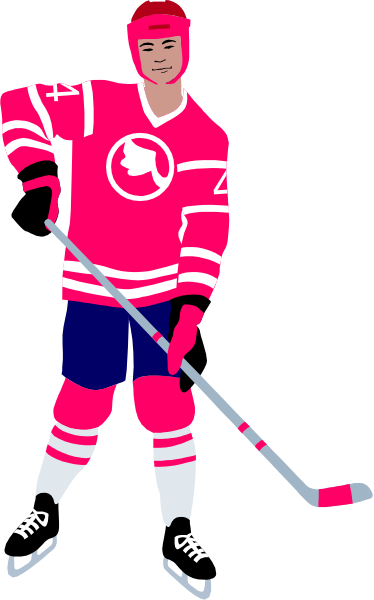 The illustration shows a hockey player wearing red jersey with white lettering on it, holding two sticks crossed over his chest while standing in front of what appears to be goal netting.