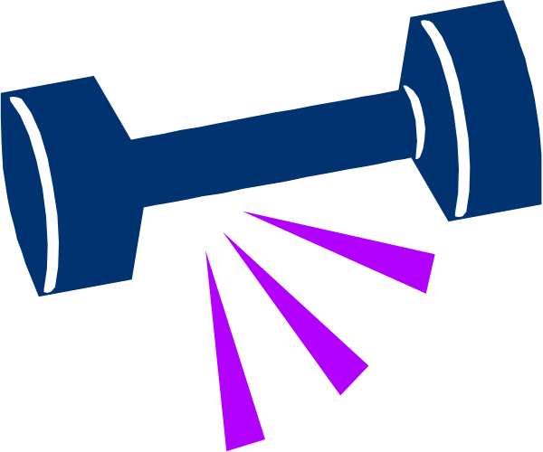 The image shows a black dumbbell with white handles against a dark background featuring purple light rays emanating from it.
