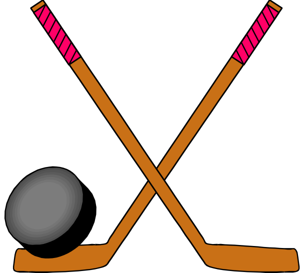 The image shows a cartoon of two hockey sticks crossed over each other with red puck handles on top, set against black background; there is no text present in this clip-art illustration.