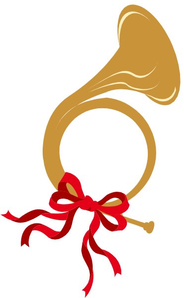 The image shows a cartoon of an old trumpet with red ribbon tied around it hanging from its bell end on top against a black background.