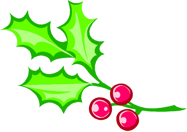 The image shows a festive holiday greeting with holly leaves on either side of mistletoe berries atop red poinsettia bells against a dark background.