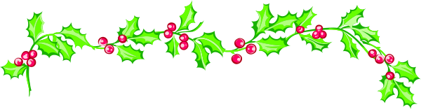 The image shows a festive holiday greeting with red berries on branches adorned along an elongated green garland against a gray background.