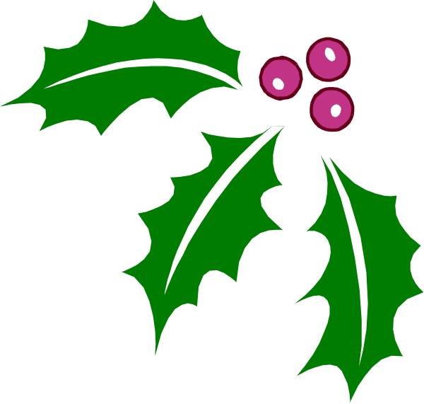 The image shows a festive holiday greeting with two holly leaves on either side of mistletoe berries at their center, all set against a black background; there is no text present in this clip-art illustration.