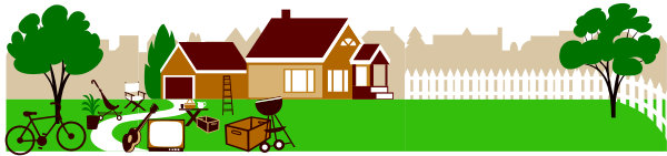 The image depicts a suburban scene with houses on either side of a street lined by trees; there is an orange car parked in front of one house, two bicycles leaning against another, and no people visible.