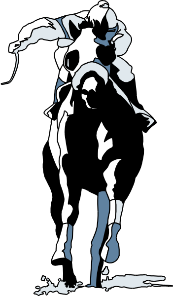 The black and white illustration shows a horse rider on top of a building with an open window behind them.