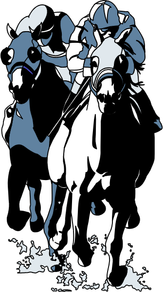 The black and white photo shows two horses with riders on their backs standing side by side against a dark background.