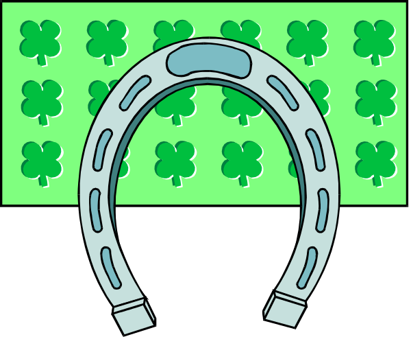 The image shows a cartoon of an empty horse shoe with shamrocks around it on either side against a black background.