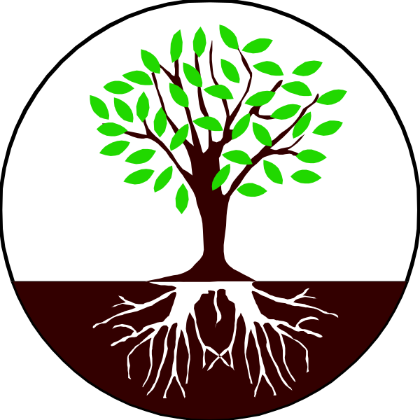 The black and white illustration shows a tree with green leaves growing from an empty root system inside what appears to be a pot on top of another plant that has been cut down at its base; there is no visible soil, watering canals, nor any other objects or people in the image.