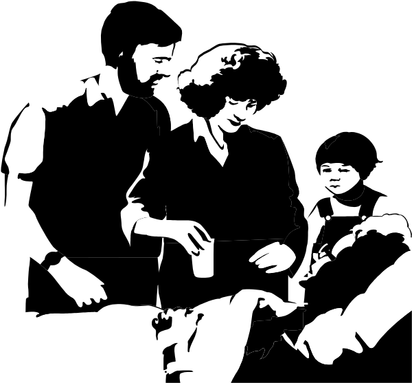 The black and white photo shows a family of three: an adult woman standing on left side holding what appears to be a baby in her arms; another person seated between them who is facing away from camera towards right, possibly interacting with someone off-frame; and one more individual partially visible at the far end. They seem to be indoors or near some kind of structure that could suggest an urban setting due to its shape but it's not clear enough for certainty.