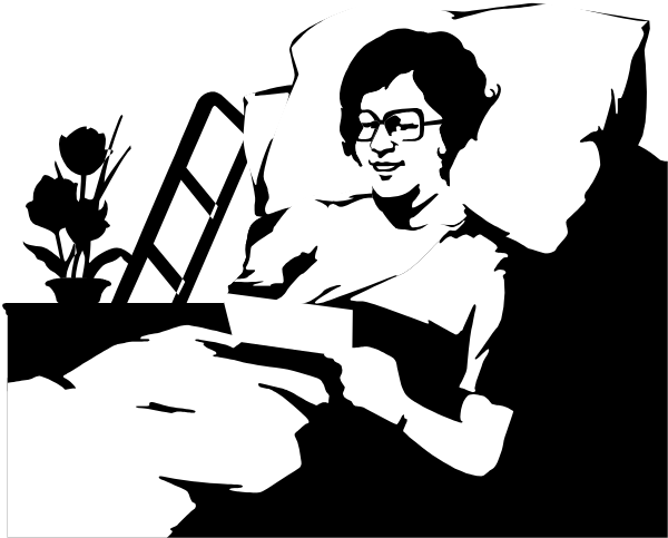 The black and white photo shows an elderly person lying on a bed with their head resting against pillows while holding what appears to be a book in one hand.