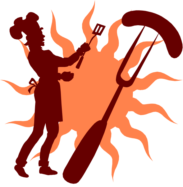 The image shows a red silhouette of an individual holding two items: on their left hand is what appears to be a fishing rod with a fish attached at one end; in their right hand, there's a shovel-like object that resembles a paddle or oar. Behind the person stands a large sun symbolizing warmth and light. The background of this image has an orange hue which could suggest fire or heat.